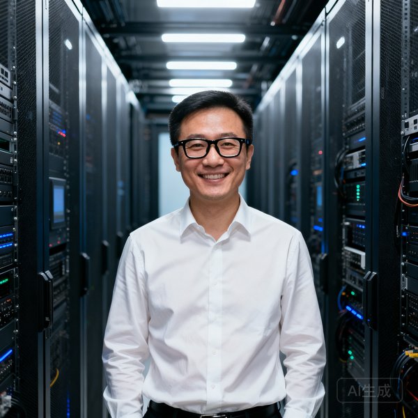 JRS直播创始人兼CTO陈锋，戴眼镜在服务器机房微笑